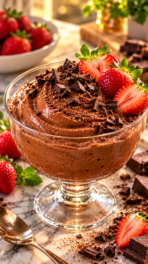 Sobremesa Fitness Viral: 100% Cremosa, Proteica e Saudável mousse de chocolate com morangos
